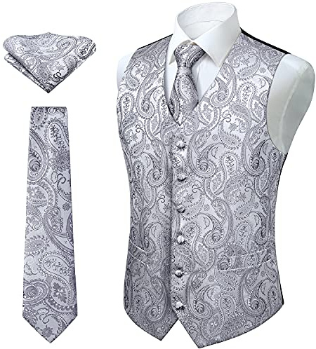 Enlision Västar för män, bröllopsväst med paisleymönster och blommigt jacquardtyg, set med fyrkantig väst med slips och ficka, formell kostym, S–6XL