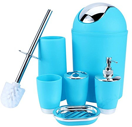 lyrlody - Juego de 6 accesorios de baño para cepillo de dientes, dispensador de jabón, vaso de dientes, basura, cepillo de baño, accesorios de baño, azul