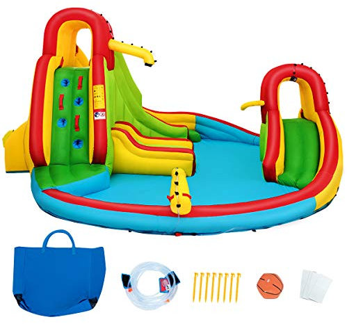 COSTWAY Hüpfburg aufblasbar mit 2 Rutschen, Wasserrutsche Spielpool, Springburg Wasserpark Planschbecken mit Kletterwand, Basketballring, Wasserspielplatz mit Tasche 460x420x233cm