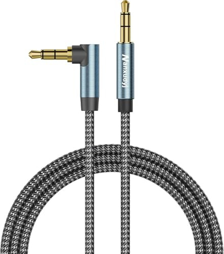 Nanxudyj 90 Degree 3.5mm Stereo Audio Cable 15M, Aux 3.5mm Male to Male Cable Right Angle AUX Cord Compatible for Headphone,iPhone,Tablets, Speakers, 24K Gold Plated 50FT