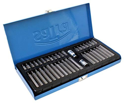 SIO Set de Puntas 10 mm 40 Piezas Torx Allen XZN con Maletín Metálico – Kit Profesional con Puntas Cortas y Largas + Adaptadores 3/8 1/2 para Taller Mecánica Automoción