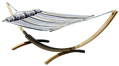 ALEOS. Hängematte mit Gestell 400 cm Lärche hell mit Hängematte 120x200 cm | Hängemattengestell aus Lärchenholz, Matte gefüttert und mit Kopfkissen, für Garten und Terrasse, grau gestreift