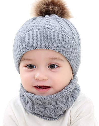 2 st småbarn baby stickad mössa halsduk halsduk vinter varm mössa hatt skidmössa, Grå, en storlek