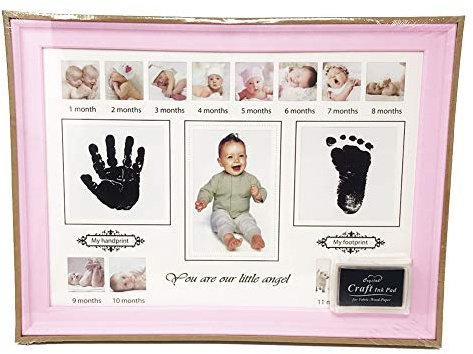 Magik You are Our Little Angel Baby Photo Handprint Footprint Milestone Moments First Year Baby Shower Gifts Set Keepsake Frame (Pink)