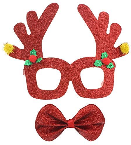 MIK funshopping Lustige Weihnachts-Brille Gag-Brille Kostüm-Brille Weihnachten Weihnachtskostüm Weihnachts-Party (Rentier-Geweih & Fliege Rot-Glitzer)