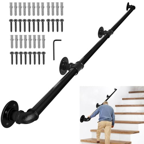 Lechansen Stair Handrail for Indoor & Outdoor, 3 Meter/10FT Black Banister Staircase for Steps, Wrought Iron Pipe Handrail Wall Mount Balustrades Grab Bars for Stair Railing Support -3.2cm Diameter