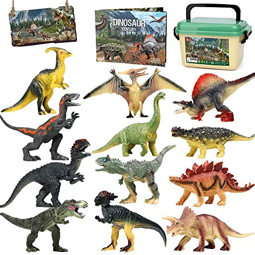FRUSE Dinosaure Jouet,12 Pcs Grandes Réaliste Figurine Dinosaure avec T-Rex,Seau de Stockage,Livre Dinausaures,Dinosaure Cadeaux pour Enfants Garçons et Filles 3 4 5 6 7 Ans
