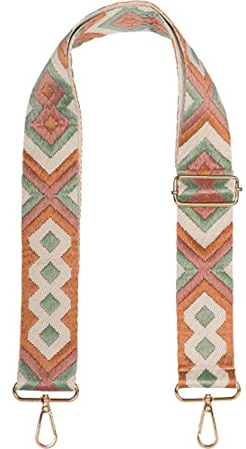 styleBREAKER Taschen Schulterriemen Handyband Ethno, Braun-Altrose-Lindgrün | 5 cm breiter Wechselgurt aus weichem Stoff, Karabinerhaken für einfachen Austausch, stufenlos von 74 bis 134 cm anpassbar.