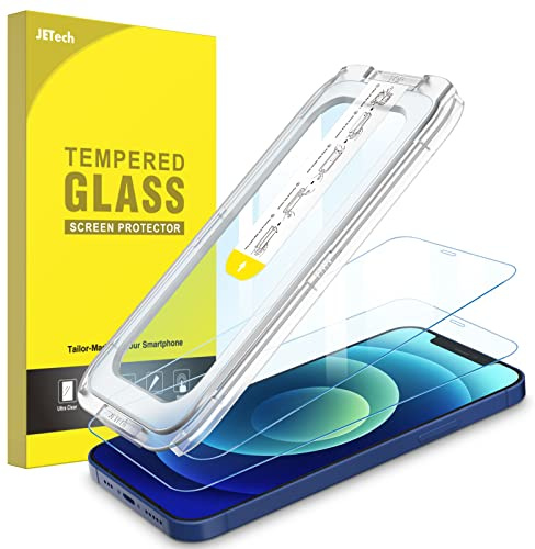 JETech En Beröring Installera Skärmskydd för iPhone 12/12 Pro 6,1 Tum, Screen Protector Full Täckning Härdat Glas Film, Automatisk Justering Verktygssats, HD Klar, 2 Pack