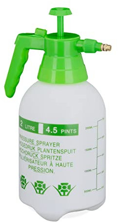 Relaxdays Drucksprüher 2 Liter, einstellbare Messingdüse, für Wasser & Unkrautvernichter, Sprühflasche Garten, weiß/grün
