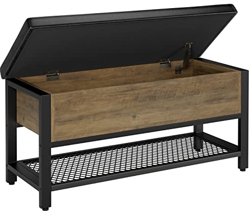 HOSTACK Storage Bench, Entryway Shoe Bench with Flip-Open Storage Box, End of Bed Ottoman Bench with Storage Shelf and Padded Seat for Bedroom, Hallway, Rustic Brown