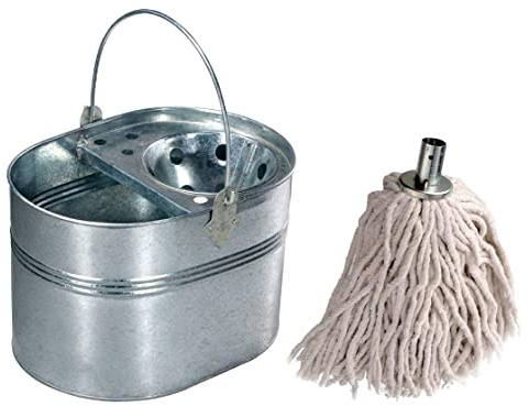 Best House 15 Litres Heavy Duty Industrial Galvanized Steel Metal Mop Bucket + 2 PCS Cotton 16 Ply Metal Socket Mop Head - 250gm, For Home Office Commercial Use Mop Heads