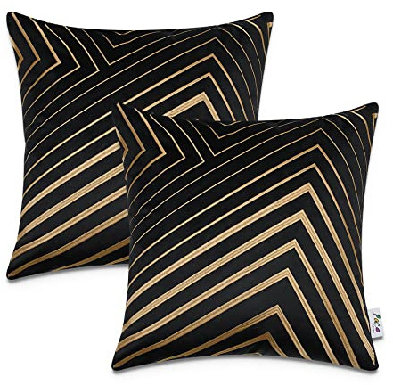 Paco Home Kissenbezug Deko Kissenhülle Bezug Kissenbezüge Zierkissen 2er Set Sofa Zierkissen Wohnzimmer Blätter Skandi, Farbe:Schwarz 3, Sets:2pcs-Set
