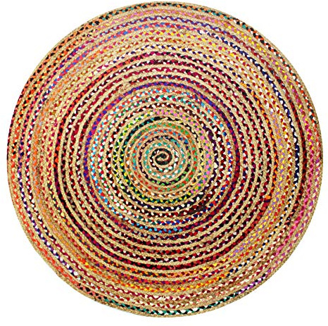 COTTON CRAFT Jute Cotton Chindi Braid Rag Rug - Boho Farmhouse Rustic - Handwoven Reversible Natural Jute and Recycled Cotton Throw Area Rug Carpet - Home Décor - 3 Feet Round Multi Color