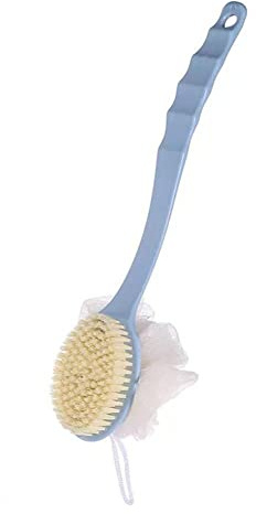 Brosse de douche 2 en 1 avec poils et luffa, éponge à récurer pour le dos avec long manche incurvé pour exfolier la peau, poils de massage adaptés pour les peaux humides ou sèches
