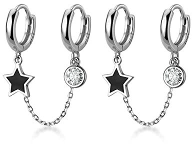 SLUYNZ 925 Sterling Silber Schwarz Stern Doppel Creolen Ohrringe Kette für Frauen Damen - CZ Doppel Piercing Huggie (Silber)