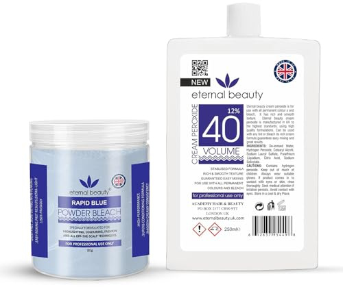 Hair Bleach Kit – Blue Bleach Powder 80g + Cream Peroxide 12% 40 Volume 250ml – Professional Hair Lightening, Highlighting & Hair Coloring Kit for Salon & Home Use by ETERNAL BEAUTY