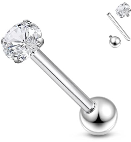 Xnsjeyy 14G Astm F136 Titanium Tongue Rings Piercing Jewelry 14 Gauge Internal Thread Straight Barbell CZ Tongue Rings Piercing Jewlery for Women Men 16MM Bar Length Clear CZ Size 5MM