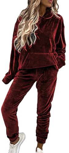 amropi Tuta da Donna Velluto Felpa con Cappuccio e Pantaloni Jogging Tute Borgogna, L