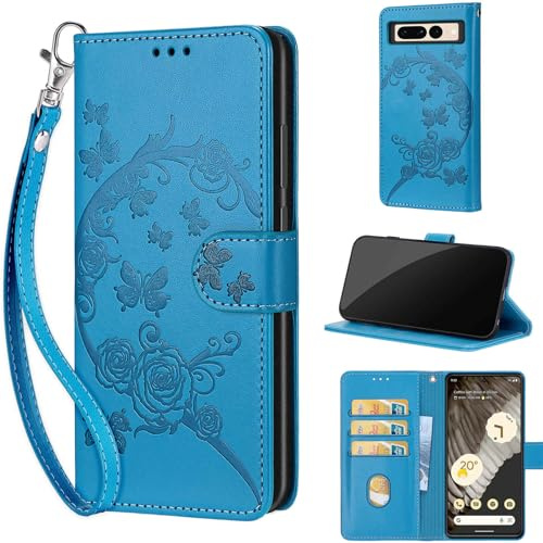 TOMYOU Handyhülle für Google Pixel 7 Pro Hülle, Schmetterling Blau | Stoßfeste Flip Schutzhülle, Kartenfächer, Standfunktion,Magnetisch, Kunstleder, Klappbar Brieftasche