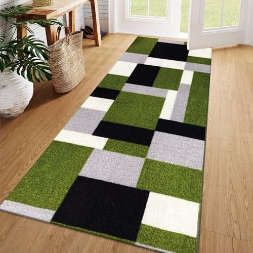 Fit Even Kilas Runner Rug – Washable Hallway Carpet Runners, Non-Slip Floor Mats for Kitchen, Living Room, Corridor, Entryway, Door Entrances (Green Black, 60 x 220 cm)