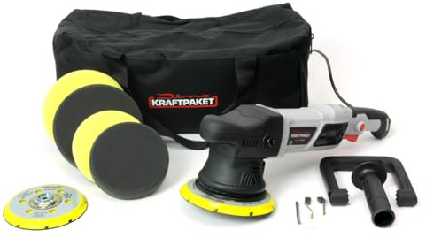 Dino KRAFTPAKET 21mm-950W Exzenter Poliermaschine für Auto Boot KFZ im Set | 12-Stufig mit LCD-Display | mit Stützteller Polierpads und Tasche, 125mm+150mm