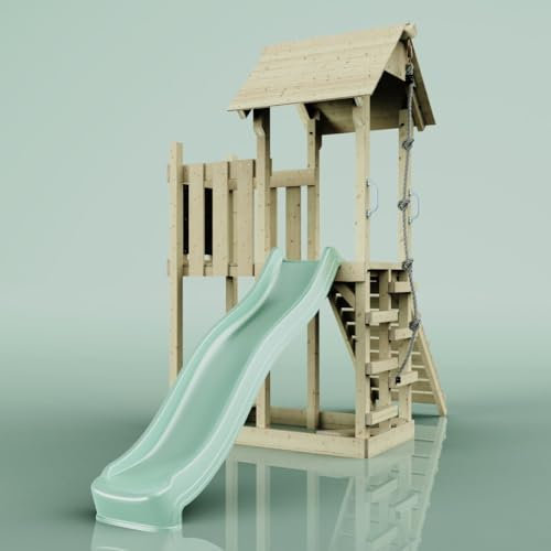 Rebo Spielturm aus Holz mit Wellenrutsche | Outdoor Klettergerüst mit Plattform und Kleterseil