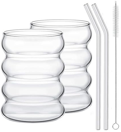 Lot de 2/4 Verres à Boire avec Pailles en Verre, Verres à Café Glacés Nervurés, Tasses en Verre à Bulles Créatives en Forme de Vague, Ensemble Glasswar Vintage pour Cocktails,(2 pièces)300 ml.