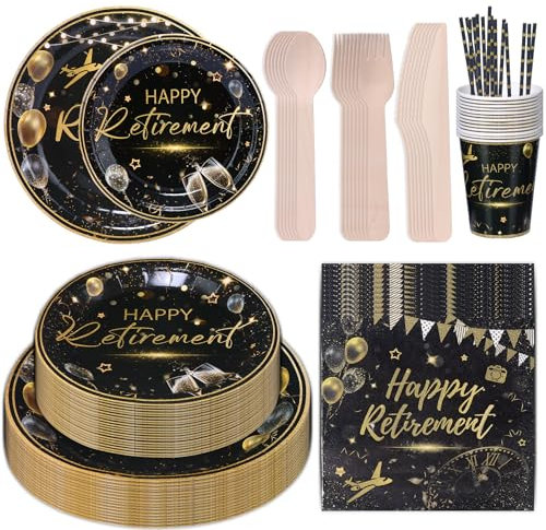 CEILIWEN Juego de 201 Piezas de Suministros para Fiesta de Jubilación - Platos y Servilletas de Papel, Vajilla de Fiesta Negra y Dorada para Hombres