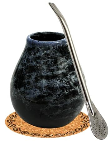 Gaucho Yerba Mate-Tee Kalebasse Set ●Mate tazza da tè Marmol Blue 350 ml ● Tazza in ceramica ● Cannuccia Bombilla in acciaio inox 19 cm ● Bicchiere da tè con cannuccia ● Tappi in sughero