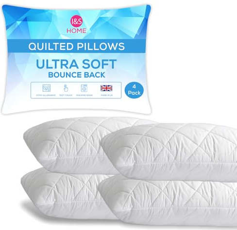 I&S Home Quilted Pillows 4 Pack Hotel Quality Soft Support Bed Pillows - Premium Polycotton Cover, Bounce Back & Extra Filling – Perfect Pillows for Side & Back Sleepers | 50x75 cm (4 Pack)