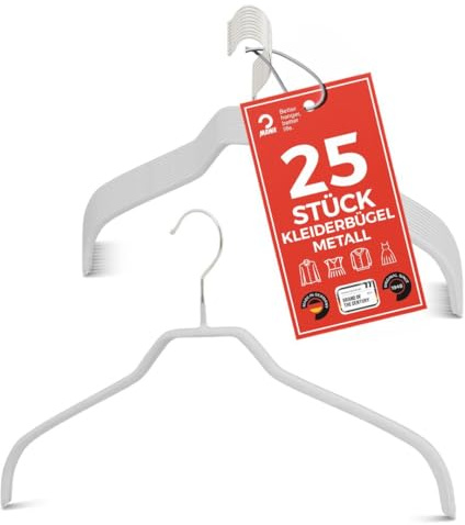 MAWA Kleiderbügel, Set mit 25 platzsparenden und rutschfesten Bügeln, ideal für Hemden und Blusen, mit 360°drehbarem Haken, Antirutschbeschichtung, 41 cm, Weiß