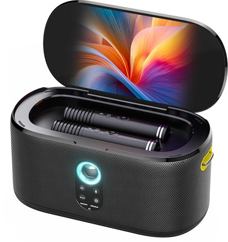 Ikarao Karaoke-Maschine, Bluetooth-Lautsprecher mit Bildschirm für Songtext-Display für Erwachsene Kinder, tragbares TWS-PA-System mit 2 drahtlosen Mikrofonen (automatisches Laden) mit WiFi & HDMI für