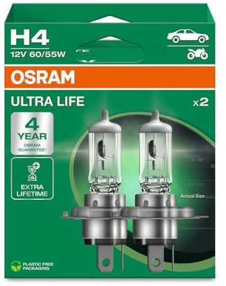OSRAM ULTRA LIFE, H4, lampade per fari alogene, scatola pieghevole sospesa (2 lampade)
