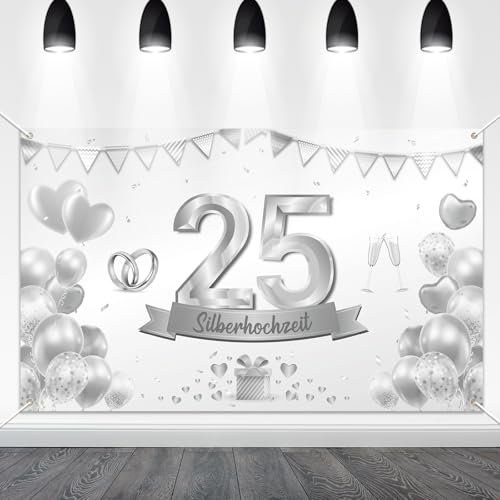 HAKOTOM Silberhochzeit Banner 184x97cm 25 Hochzeitstag Dekoration 25. Jahrestag Hochzeitsbanner 25 Jubiläum Hochzeitdeko Silbernes Hochzeit Hintergrund für Männer Frauen 25 Jahrestag Hochzeit
