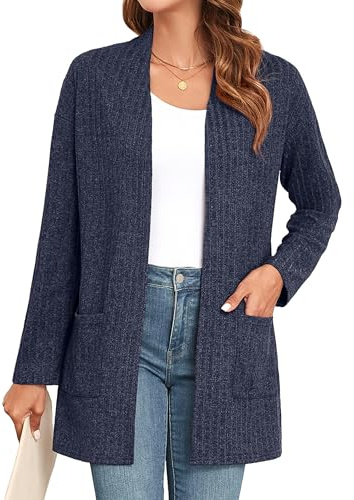 IWOLLENCE Cardigans for Women UK Long Sleeve Lightweight Cardigans Open Front Ribbed Knit Outerwear Cardigan Jumper with Pocket (Navy Blue, L)