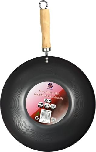 Catergold Non-Stick Wok with Wooden Long Handle Chinese Wok Pan Flat Base Made of Coated Carbon Steel Stylish Cookware (30cm)