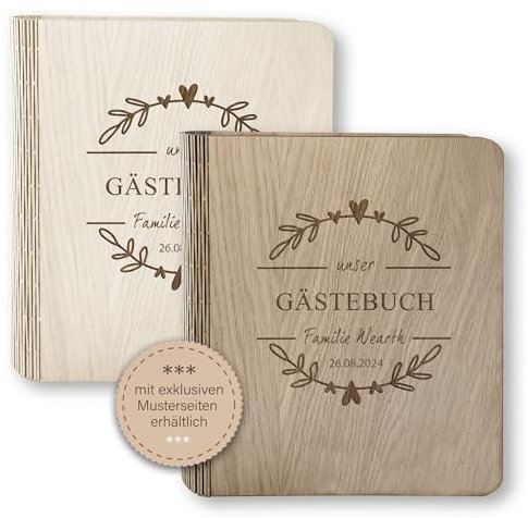 Stammbuchshop Holz Gästebuch Hochzeit Wreath mit und ohne Fragen ca. 22,5 x 23,5 cm - Hochwertiges Hochzeitsgästebuch Holzbuch Flower Holzgästebuch Blumenranke Ornament Blumen Handarbeit