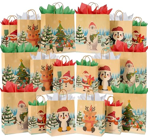 18 Stück Mehrgrößen- Weihnachtsgeschenktüten Set (Groß/Mittel/Klein) – Wiederverwendbare Kraftpapier-Taschen mit Henkel, Seidenpapier und Weihnachtsmotiven, kindergesund für Weihnachtsfeier & Party