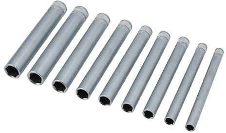 Laser 8904 Extra Long Socket Set 1/4 D 9pc | 8, 9, 10, 11, 12, 13, 14, 15, 16mm | 1/4 D Single hex Profile | Length: 140mm | Satin Finish Chrome Vanadium | Presented in an EVA Foam Tray