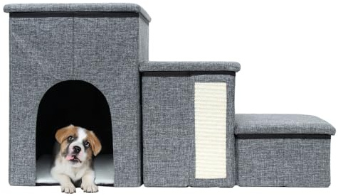Intirilife Faltbare Hundetreppe mit 3 Stufen in Grau -72x32,5x43 cm- Haustiertreppe mit Stauraum -Katzentreppe Kratzmatte Höhle- Aufbewahrungsboxen, Treppe für kleine Hunden für Sofa Bett Couch