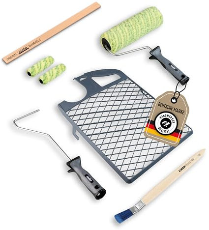 ELITE Maler-Set 7-teilig – Komplett-Set inkl. Farbwalze, Rollerbügel, Ersatzwalzen, Eckpinsel und Abstreifgitter in Handwerker-Qualität