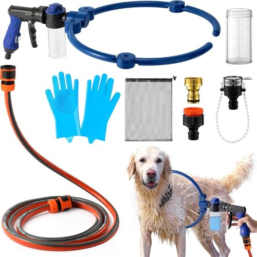 Haooryx Dog Washing Shower Attachments - Adjustable 360° Dog Washing Hose Attachment Pet Grooming Glove 100cc Soap Dispenser Foldable Foam Nozzle Sprayer Faucet Connectors Puppy Washer Hose Showering