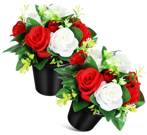 Amosfun Fiori Commemorativi Artificiali per Tombe in Vaso Piccolo, Composizioni Floreali Funebri Resistenti per Decorazioni Esterne Cimitero, Set da 2 Pezzi Bianchi e Rossi per Memoriali
