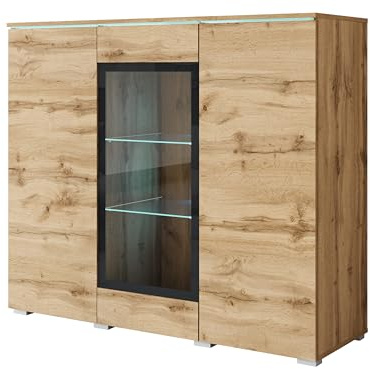 MINIO go for it - Kommode Veve Sideboard mit Glasstür, LED | Wohnzimmer, Vitrine 120 cm Breit, Gablote Farbe Wotan Eiche