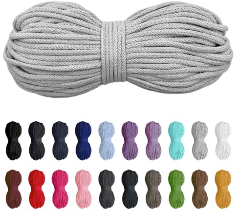 Slantastoffe 50 Meter Baumwollkordel 5mm, Baumwollschnur, Kordel, Seil, Turnbeutel, 21 Farben (Hellgrau)