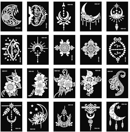 Set di 20 stencil per tatuaggi temporanei, stencil per tatuaggi con brillantini, modello per tatuaggi riutilizzabili, per bambini e adulti, viso e dita