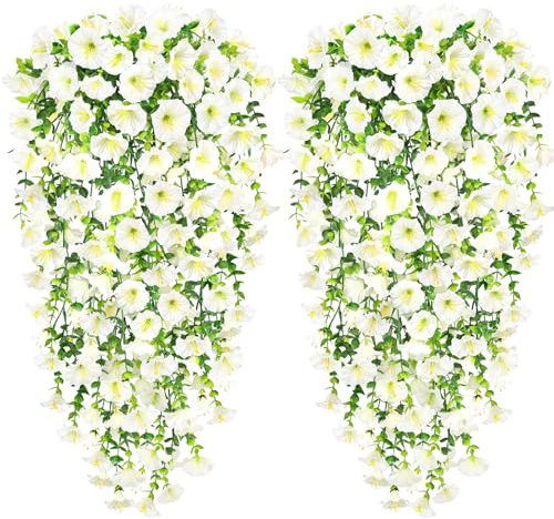 Yueshop 4PCS Artificial Hanging Flowers, Trailing Artificial Plants Outdoor | White Morning Glory, Artificial Flowers UV-Resistant, Artificial Hanging Plants Outdoor, Garden Wedding Hanging Baskets Decor