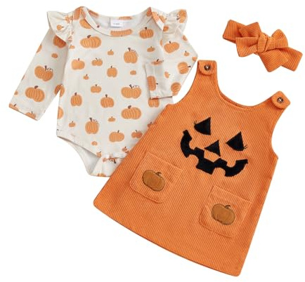Geagodelia Ensemble de vêtements d'Halloween pour nouveau-né fille, body à manches longues et robe sans manches avec bandeau, Velours côtelé orange citrouille, 0-3 mois