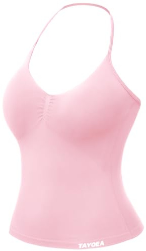 TAYOEA Tank Top Damen Bauchfreies Oberteil mit V-Ausschnitt Rückenfreies Crop Top mit Integriertem Pads Damen für Yoga Gym